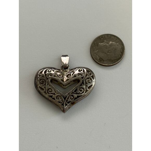 Vintage Sterling Silver Puffy Heart Pendant Open Work - Picture 3 of 5